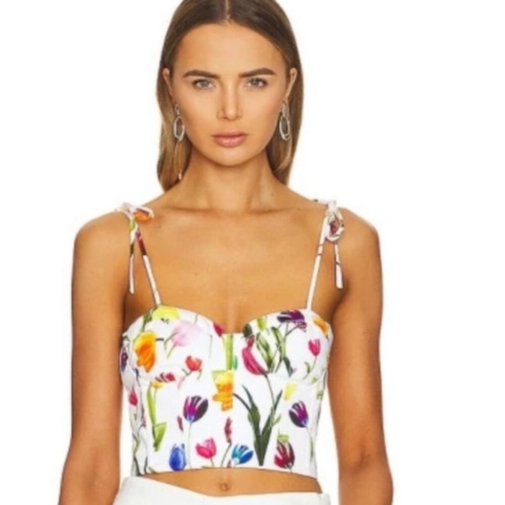 New Alice Olivia Abia Tulip Print Bustiercrop Top In Kiss My Tulips Sz 4